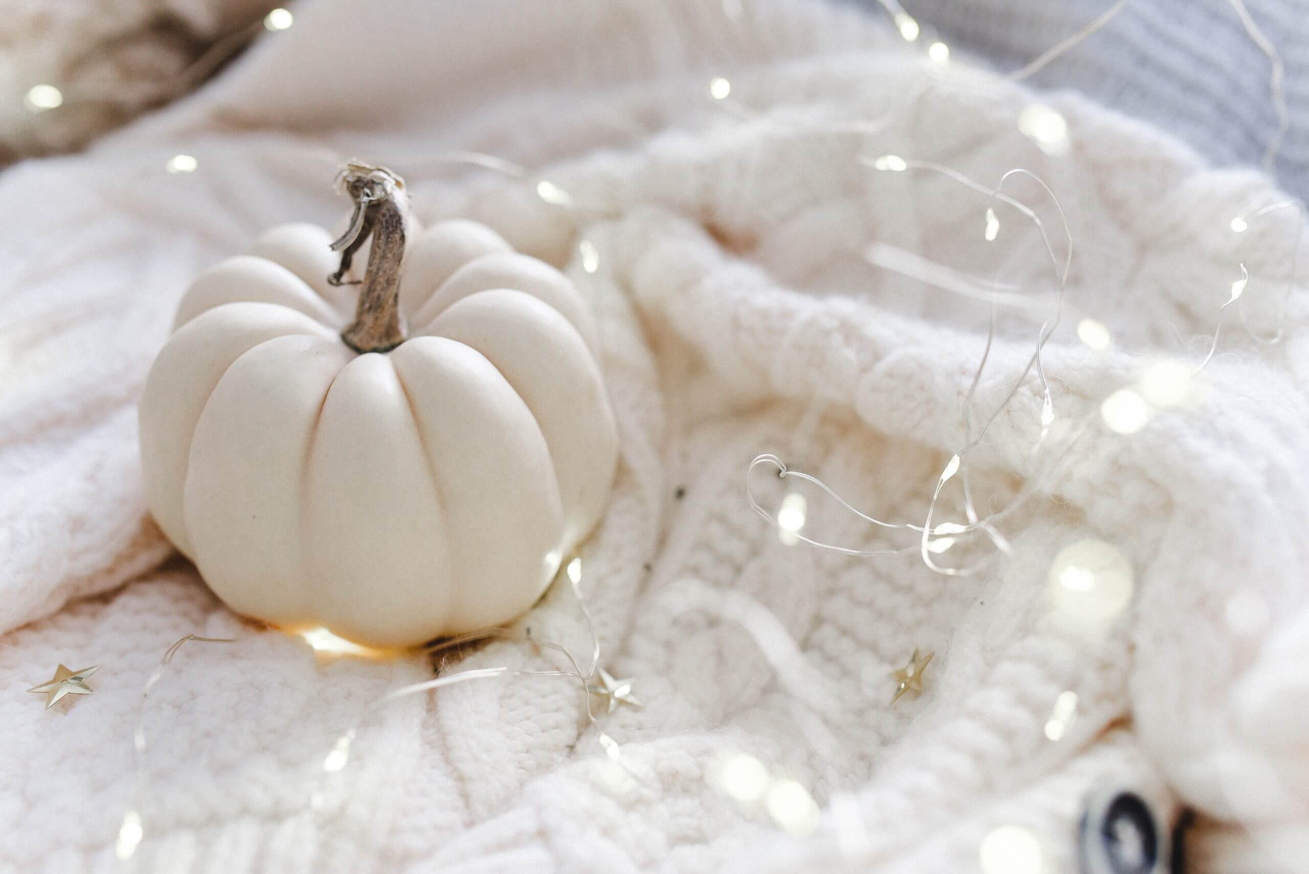 white pumpkin on top of blanket and string lights