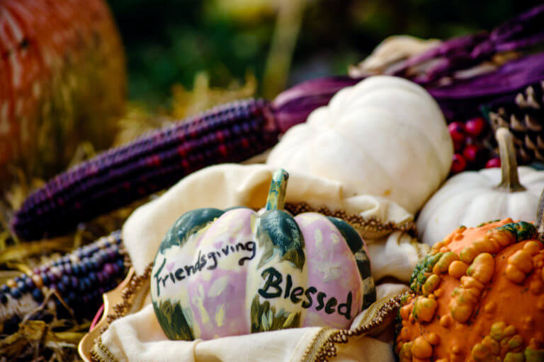 Colorful decorative pumpkins, gourds and corn for Friendsgiving or Thanksgiving