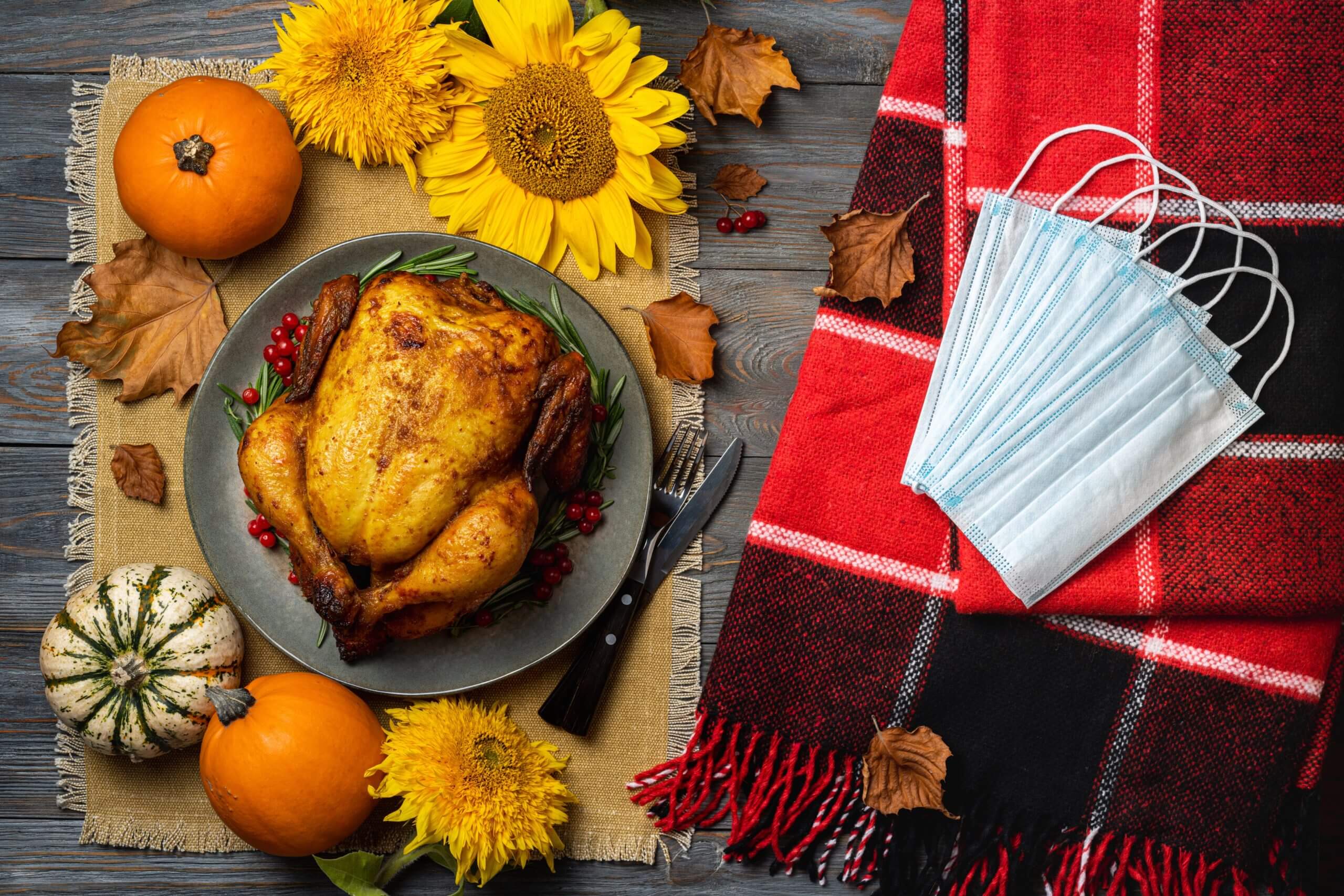 Thanksgiving dinner with blankets and masks during COVID